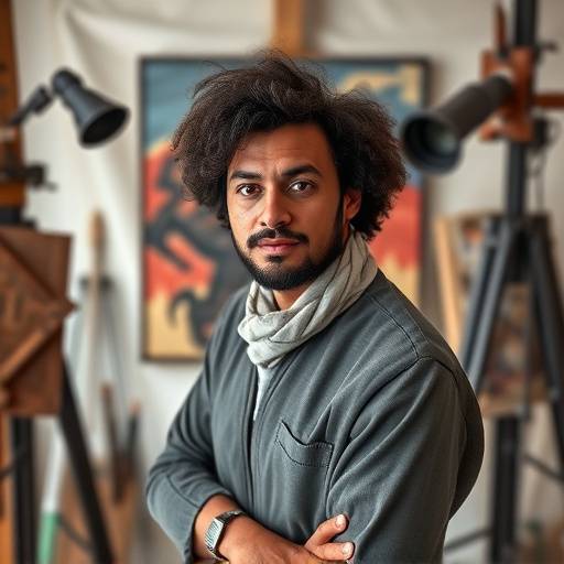Portræt af en kunstner i sit atelier omgivet af malerier.