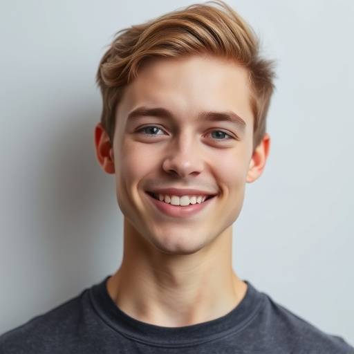 Professionelt headshot af en ung skuespiller med et venligt smil.